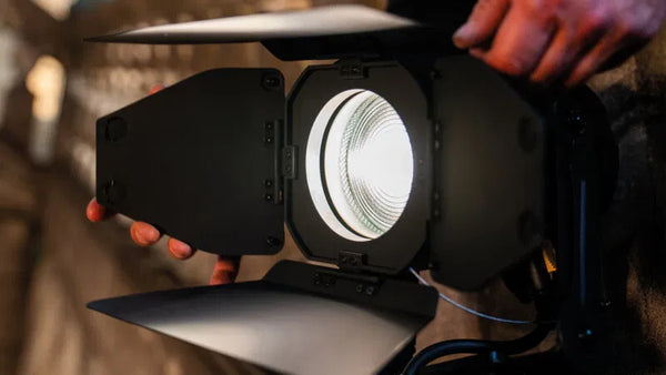 Astera QuikPunch Zoomable LED Fresnel with removable yoke and barndoors