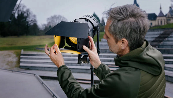 Astera QuikPunch Zoomable LED Fresnel with removable yoke and barndoors