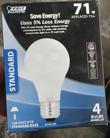 Feit Electric (16666) 120V A19 Standard base 71W Frosted 4 Bulb Pack (8 available)